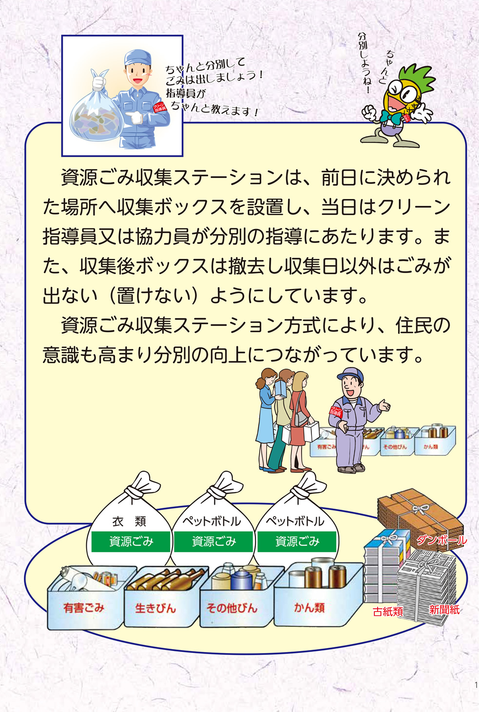 資源ごみ収集ステーションは、前日に決められた場所へ収集ボックスを設置し、当日はクリーン指導員又は協力員が分別の指導にあたります。