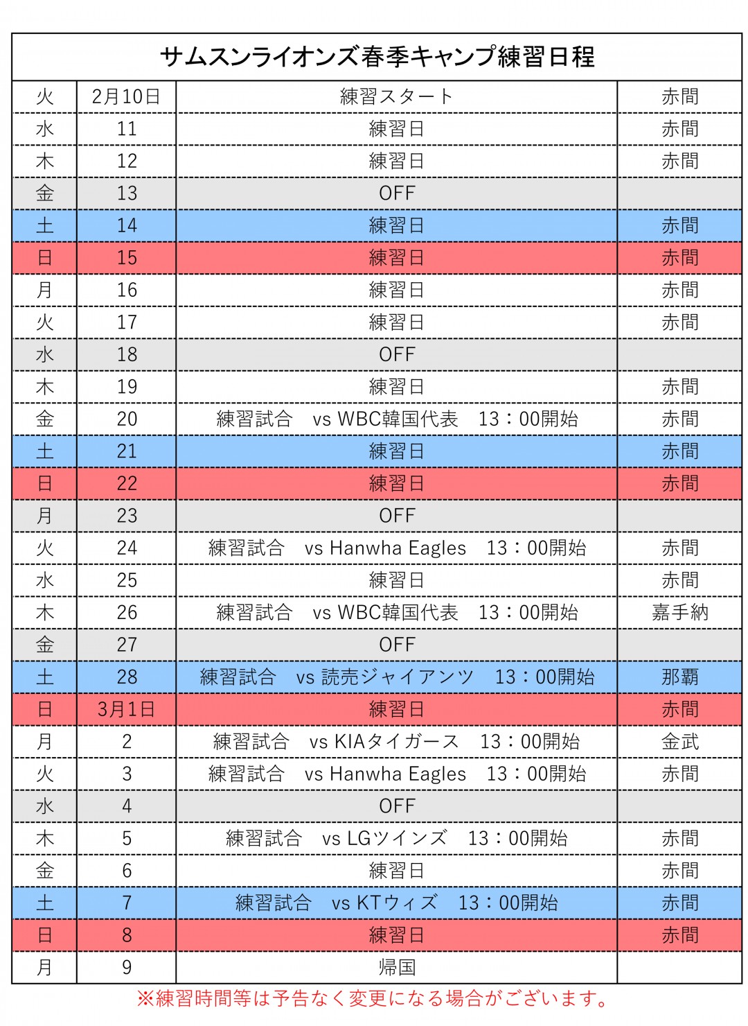 サムスンライオンズ春季キャンプ2026へ行こう！